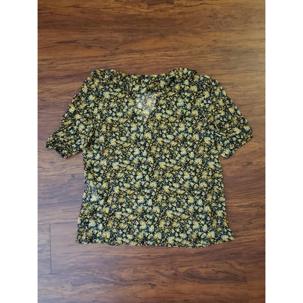 Sezane Yellow Black Floral Short Sleeve Blouse Size 34 Romantic Fairy Feminine - Picture 8 of 9